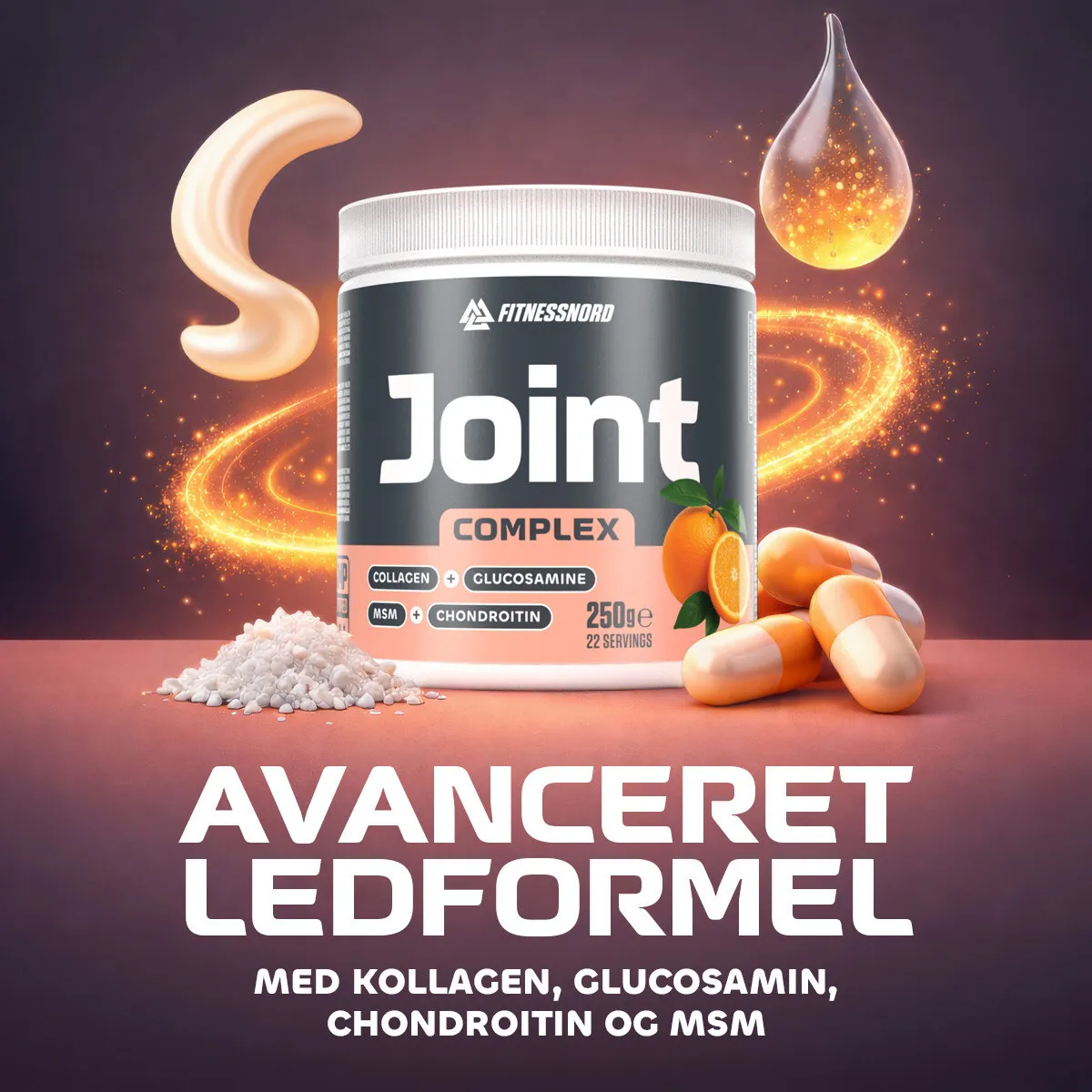 Fitnessnord Ledkompleks – Kollagen, Glucosamin & MSM (Appelsin)