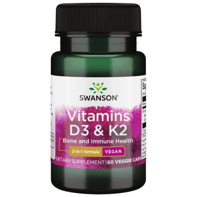 Swanson Vitaminer D3 og K2, 50 mcg og 75 mcg, 60 kapsler