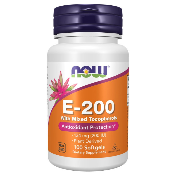 Now Foods Vitamin E-200 med Blandede Tokoferoler, 100 kapsler