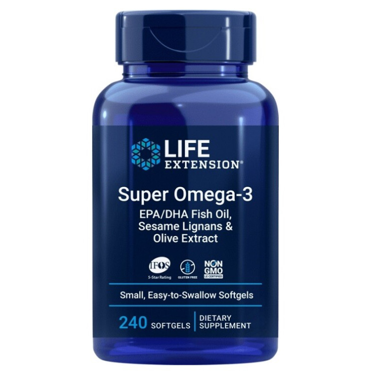 Life Extension Super Omega-3 EPA/DHA fiskeolie med Olivenekstrakt, 240 kapsler