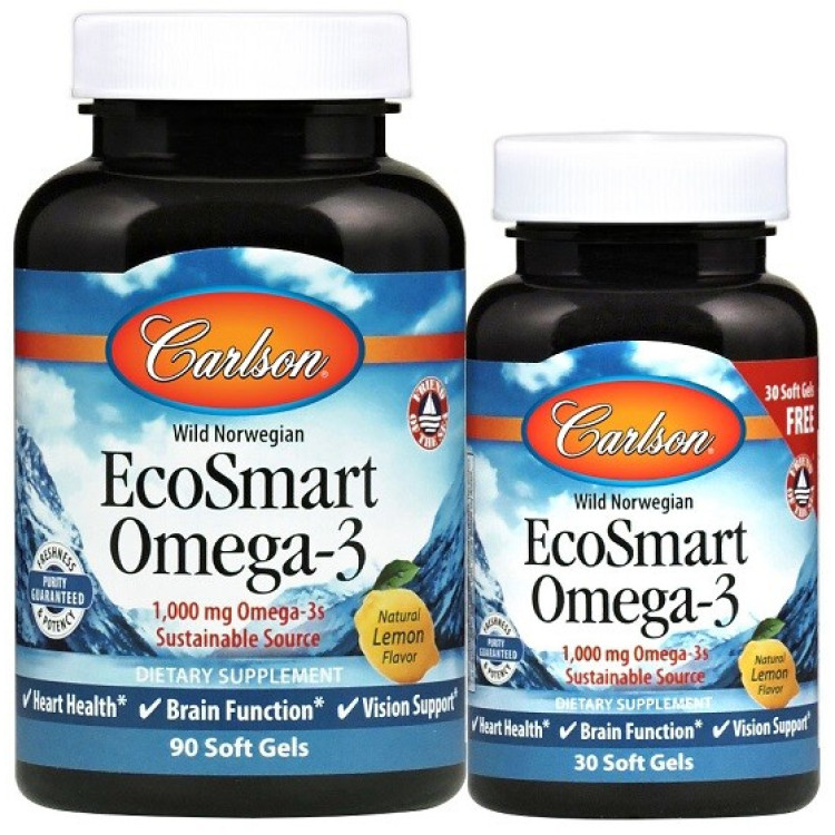 Carlson Labs Smart Omega-3, 1000 mg Natural Lemon, 90 + 30 kapsler