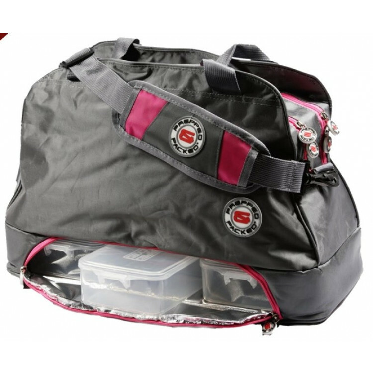 Madkassetaske i grå og pink