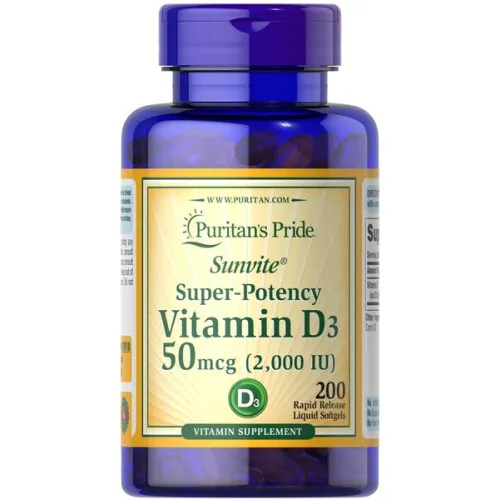 Puritans Pride Super-Potens Vitamin D3, 50 mcg, 200 kapsler