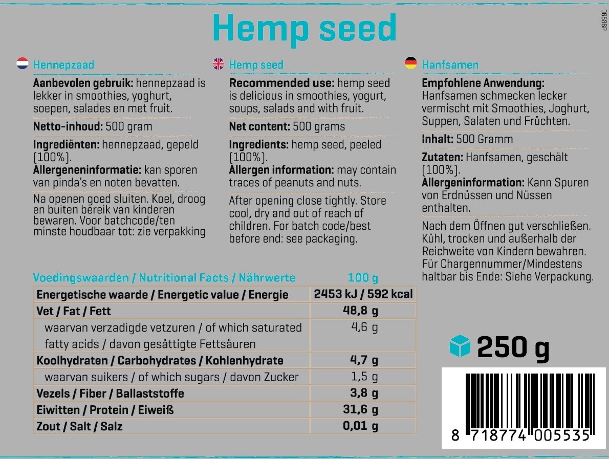 BODY & FIT PURE HAMPEFRØ 500 g 