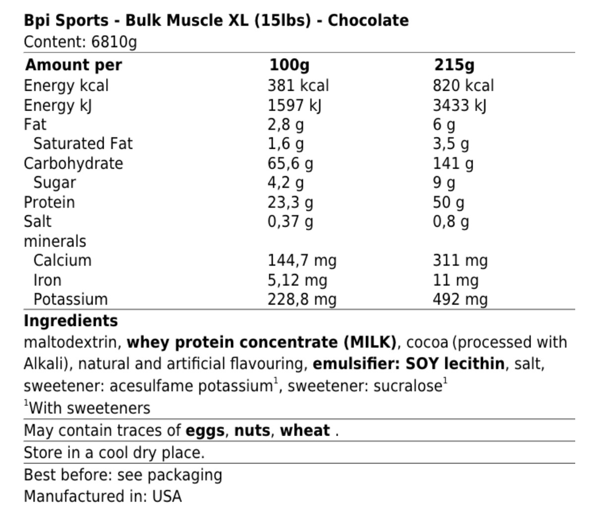 BPI SPORTS BULK MUSCLE XL 6810 g 