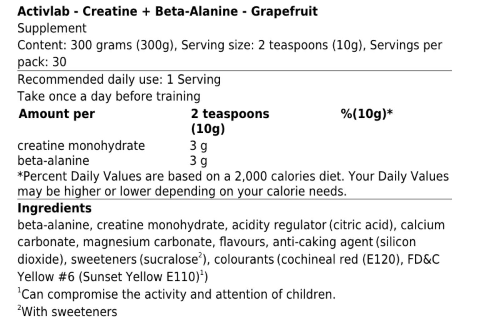 ACTIVLAB CREATINE + BETA-ALANINE, GRAPEFRUIT 300 g 