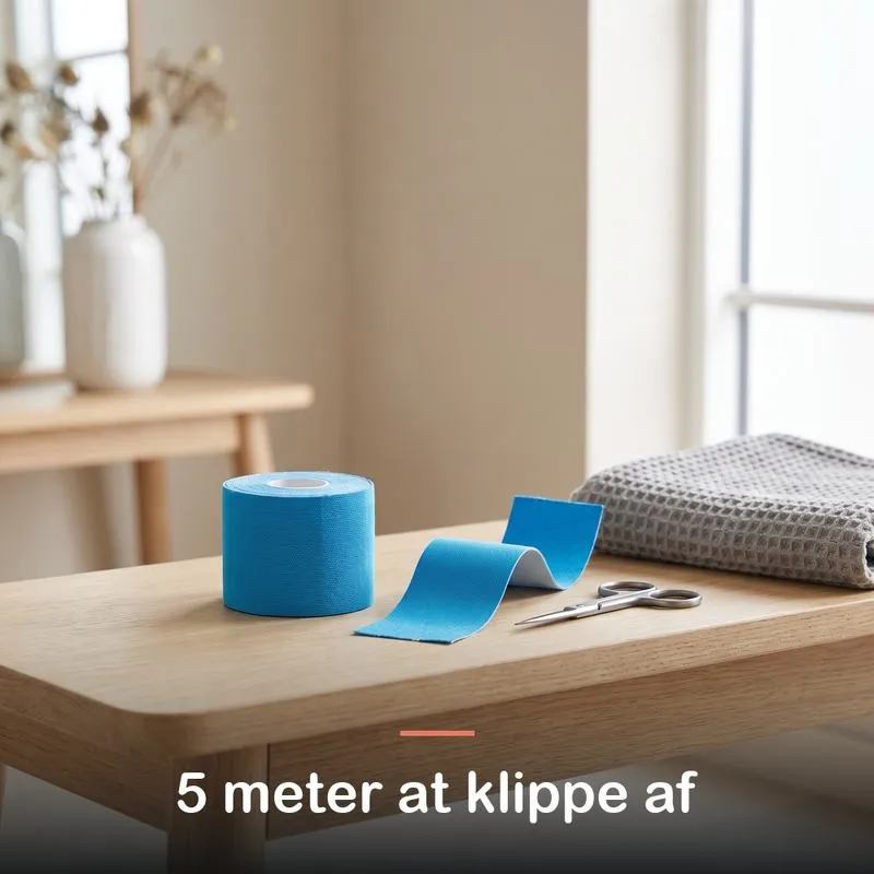 En rulle kinesiologitape, et afklippet stykke og en saks på et egetræsbord
