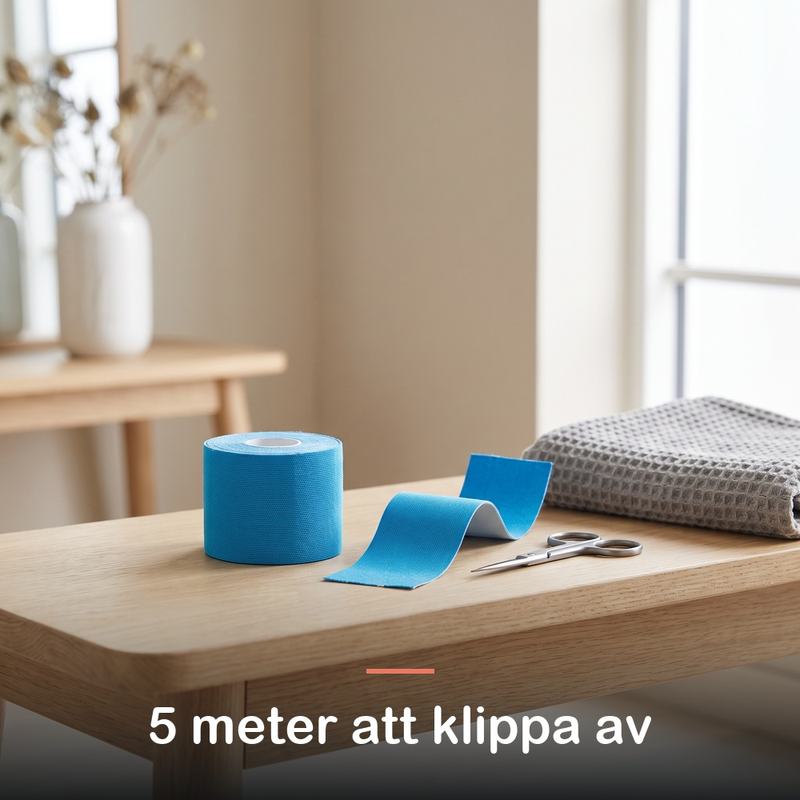 En rulle kinesiotejp, en avklippt bit och en sax på ett ekbord
