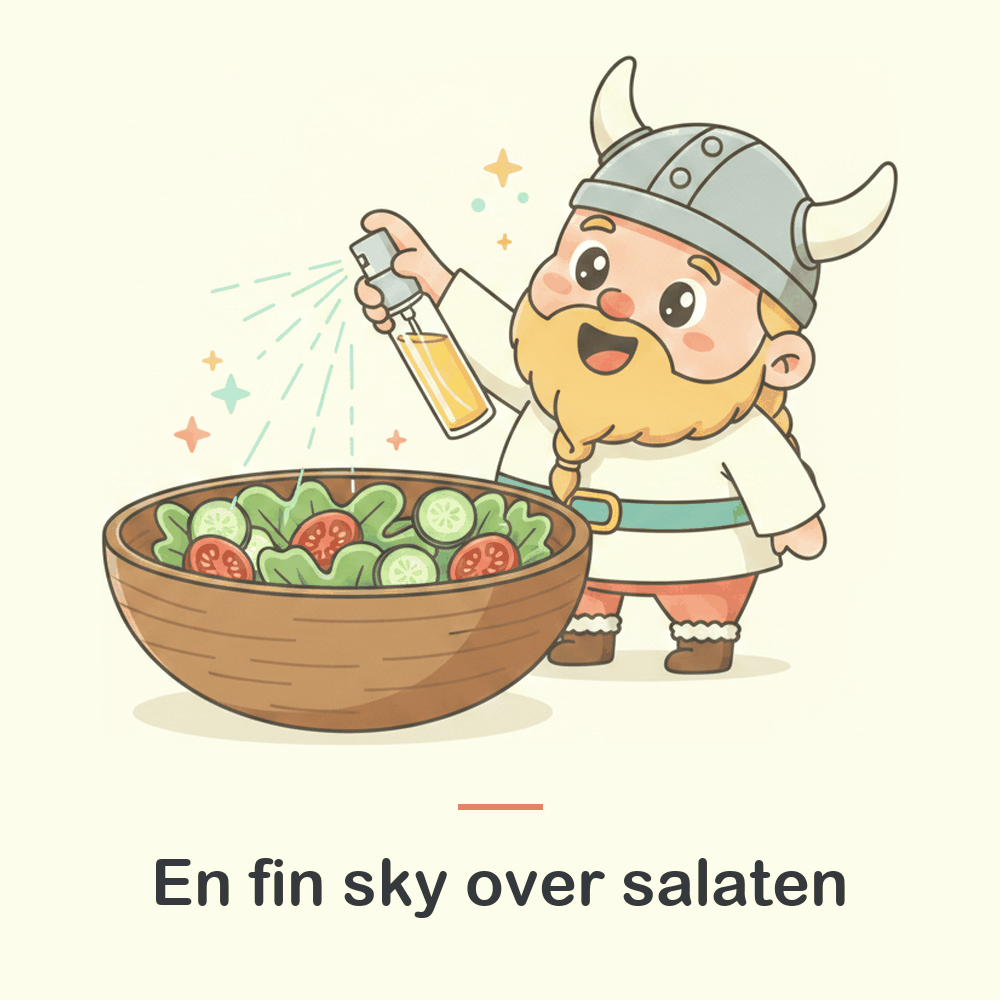 Illustration: oliespray over en skål frisk salat
