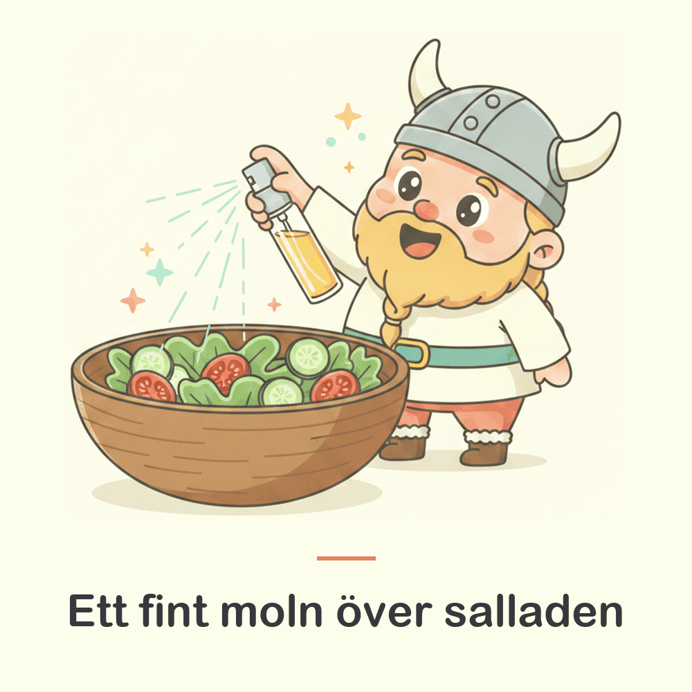 Illustration: oljespray över en skål med färsk sallad