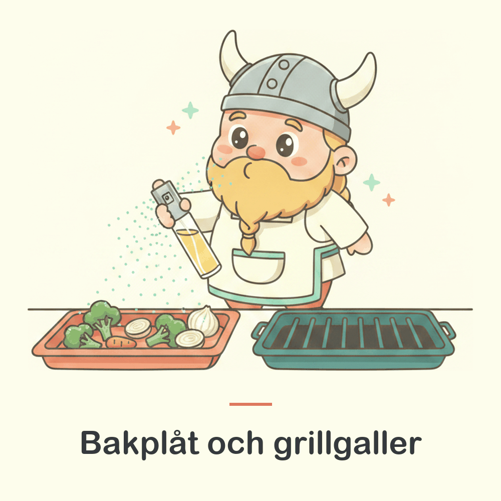 Illustration: oljespray på bakplåt och grillgaller