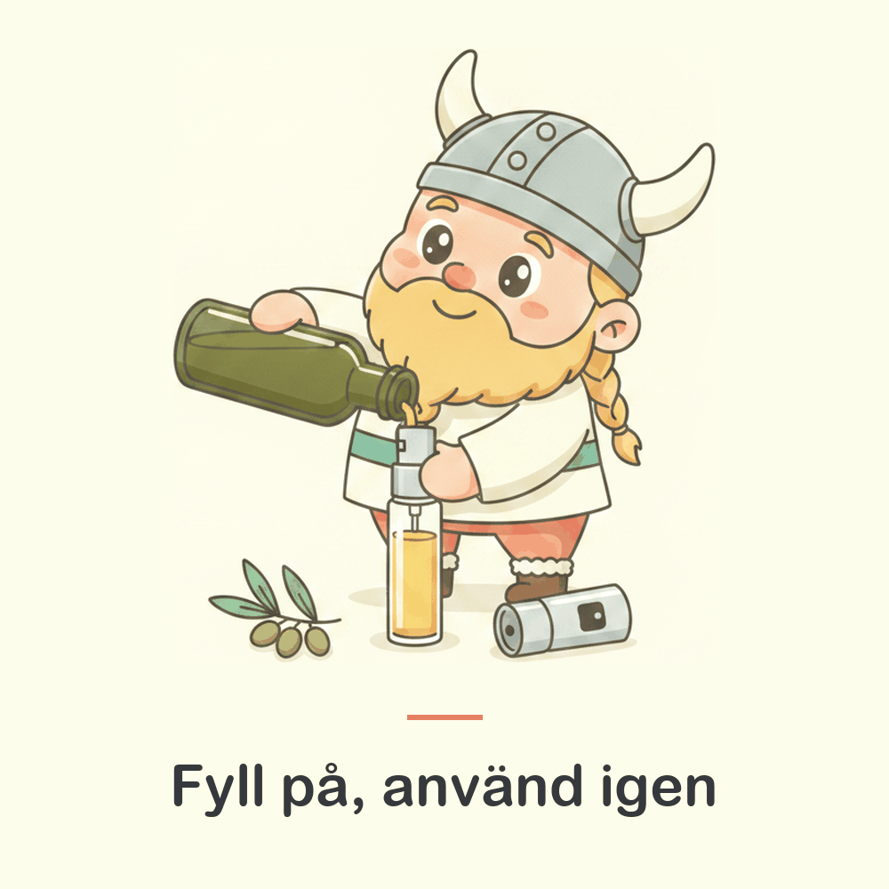 Illustration: den påfyllningsbara flaskan fylls på med olivolja