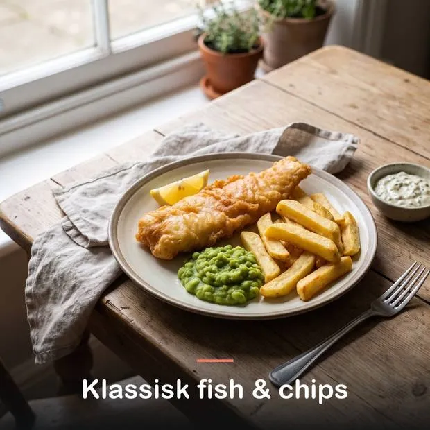 Oksetalg (250 g): klassisk fish & chips