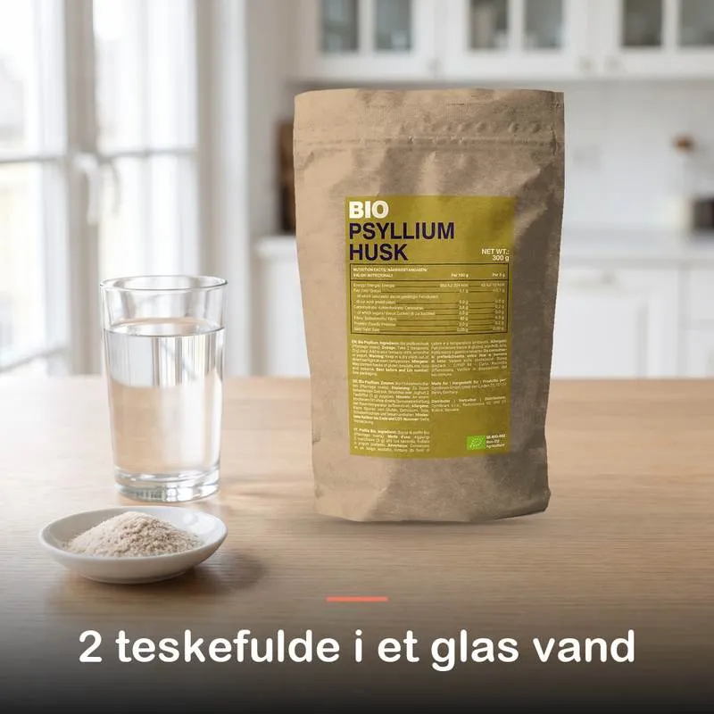 Psyllium Husk (300 g): 2 teskefulde i et glas vand