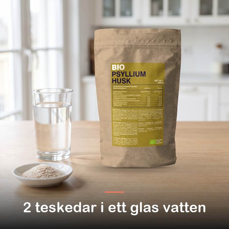Psyllium Husk (300 g): 2 teskedar i ett glas vatten