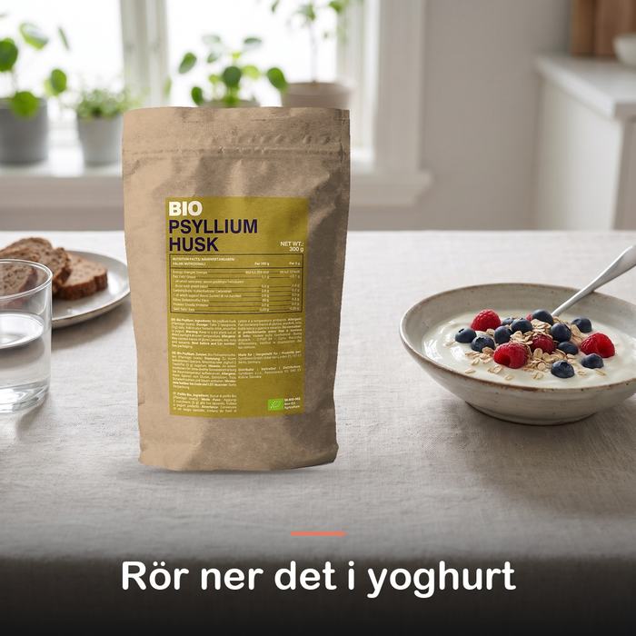 Psyllium Husk (300 g): rör ner det i yoghurt