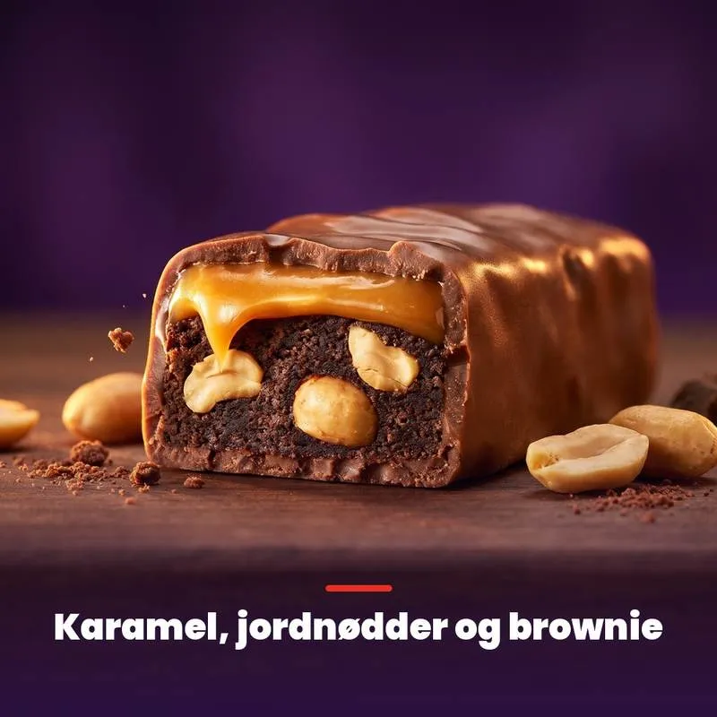 Snickersbar med 31% protein (50 g): karamel, jordnødder og brownie