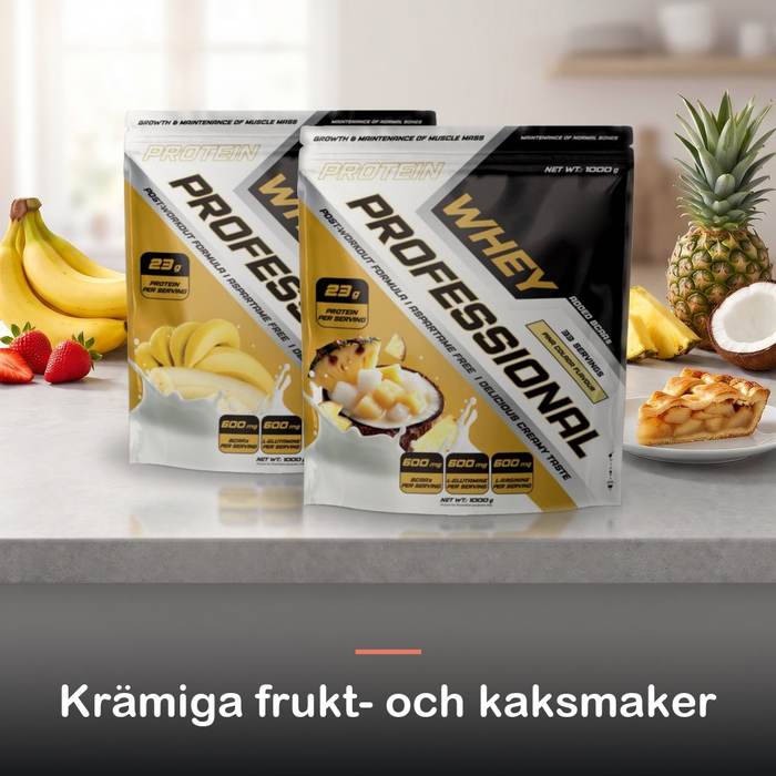 Whey Proteinpulver (1000 g): krämiga frukt- och kaksmaker