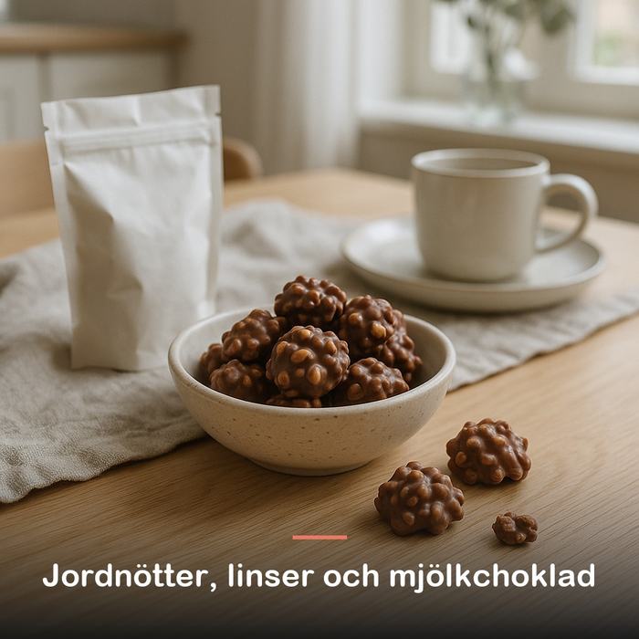 Proteinclusters, mjölkchoklad (33 g): jordnötter, linser och mjölkchoklad