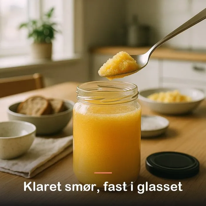 Ghee, klaret sm&oslash;r (1000 ml): klaret sm&oslash;r, fast i glasset