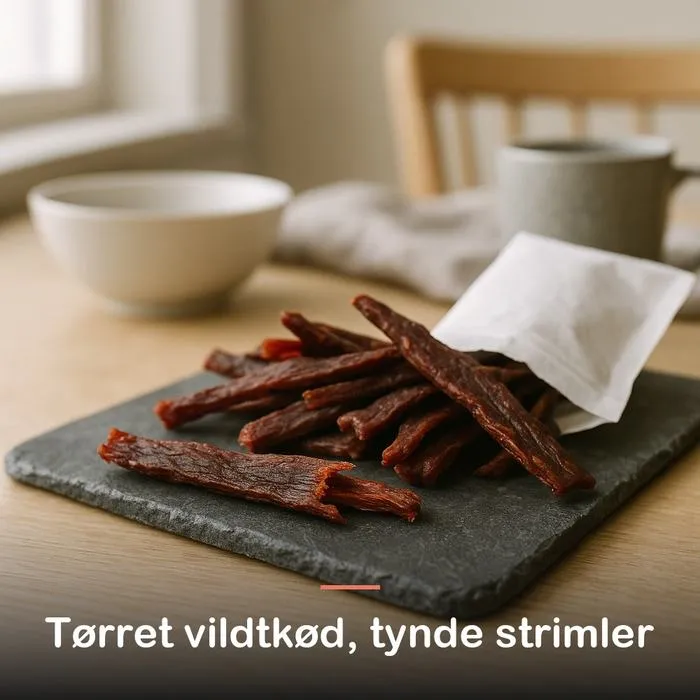 Elg jerky (25 g): t&oslash;rret vildtk&oslash;d, tynde strimler