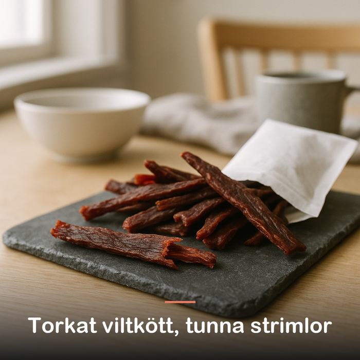 &Auml;lgjerky (25 g): torkat viltk&ouml;tt, tunna strimlor