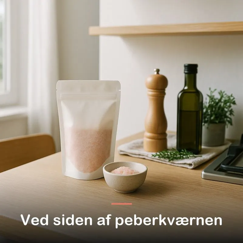 Pink himalayasalt, fint (500 g): ved siden af peberkv&aelig;rnen