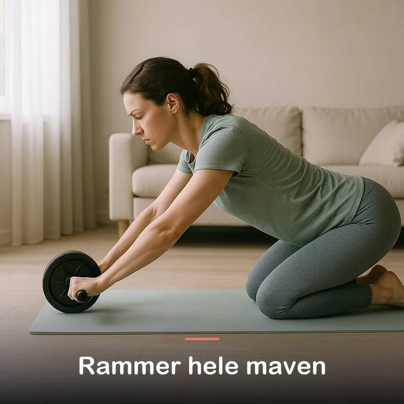 Kvinde ruller frem med et mavehjul fra kn&aelig;st&aring;ende p&aring; en m&aring;tte