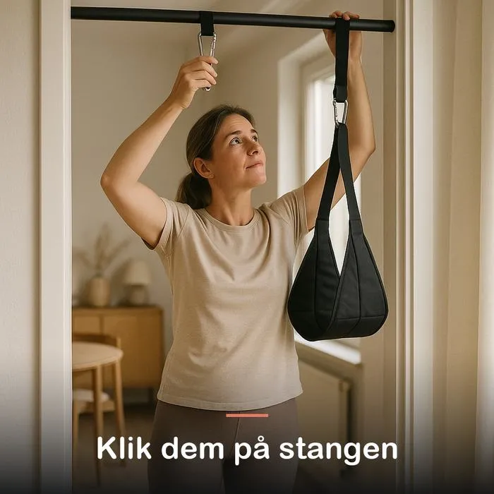 Kvinde klikker en strop fast p&aring; stangen med en karabinhage
