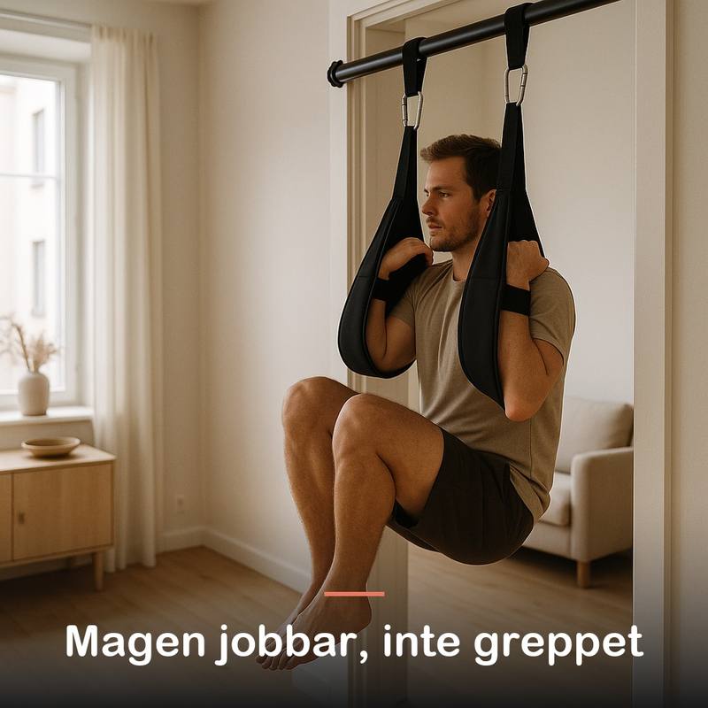 Man hänger i två magremmar under en stång med knäna uppdragna