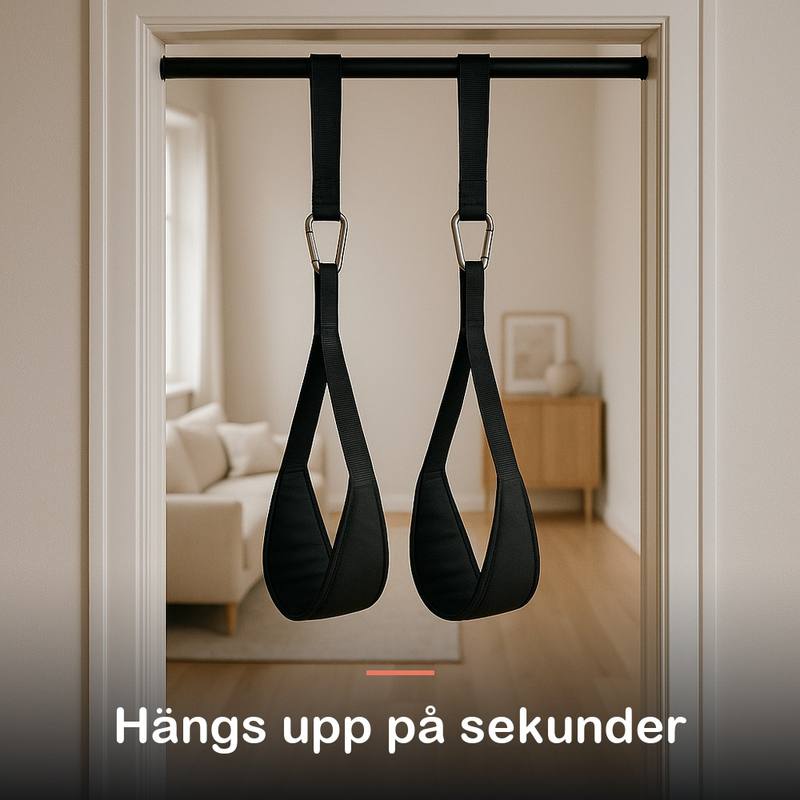 Två magremmar hänger tomma från en stång i en dörr