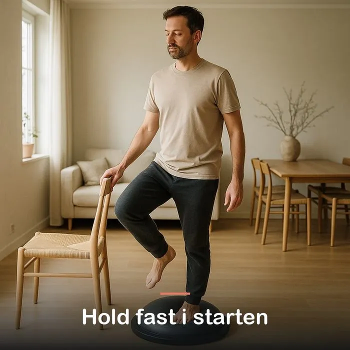 Mand st&aring;r p&aring; balancetr&aelig;neren med en h&aring;nd p&aring; en stoleryg
