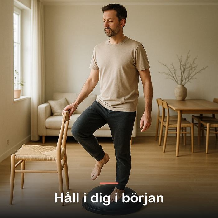 Man står på balanstränaren med en hand på en stolsrygg