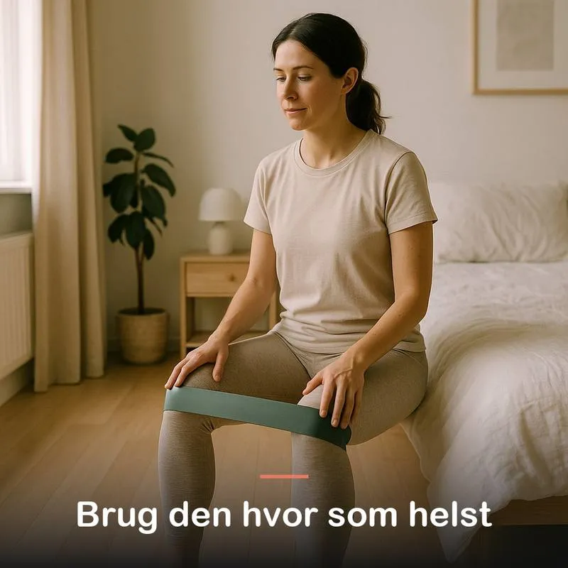 Kvinde bruger elastikken om lårene siddende på sengekanten