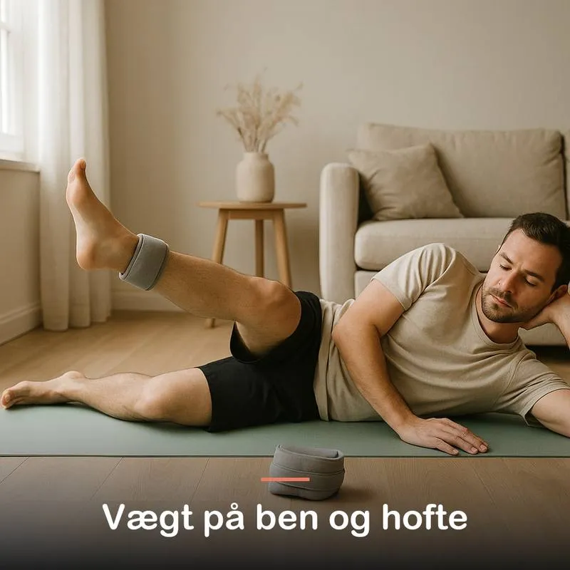 Mand løfter strakt ben liggende på siden med en manchet om anklen