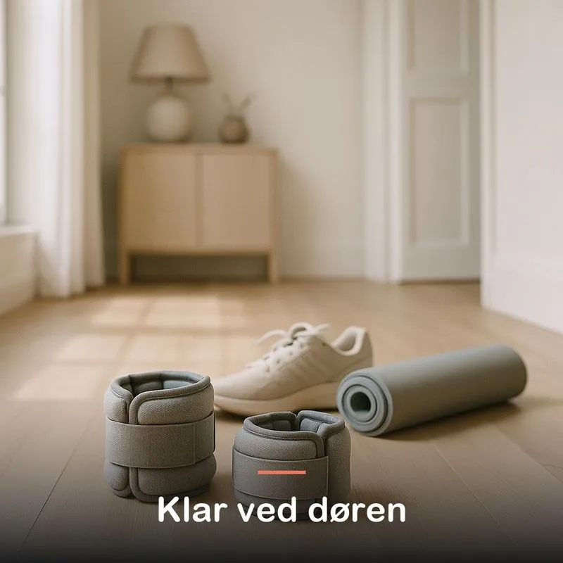Et par vægtmanchetter ligger på gulvet ved siden af et par sko