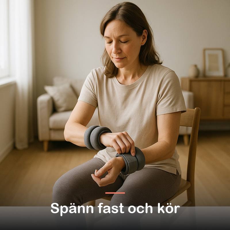 Kvinna spänner kardborren på en viktmanschett runt handleden