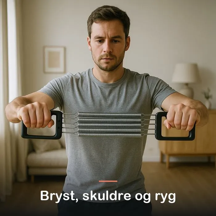 Mand tr&aelig;kker en brystekspander fra hinanden foran brystet