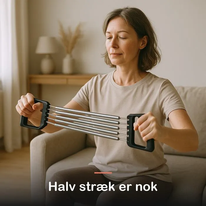 Kvinde tr&aelig;kker ekspanderen halvt ud siddende i en sofa
