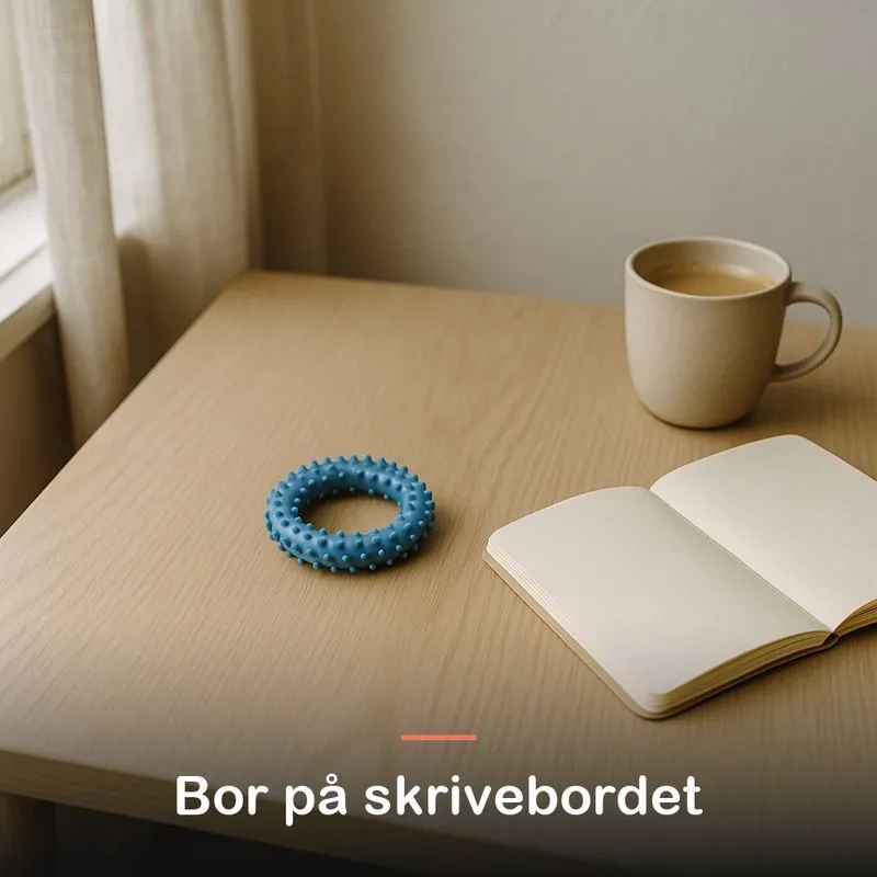Massageringen ligger p&aring; et skrivebord ved siden af en notesbog