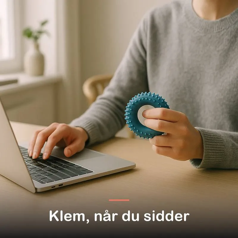 Mand klemmer massageringen siddende i en l&aelig;nestol