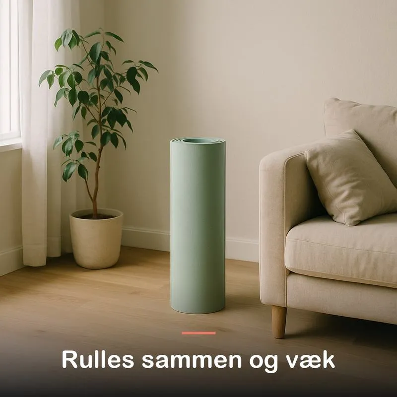 Tr&aelig;ningsm&aring;tten st&aring;r sammenrullet i hj&oslash;rnet af stuen