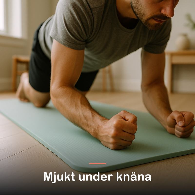 Närbild på armbågar och knän som trycker ner i mattans skum