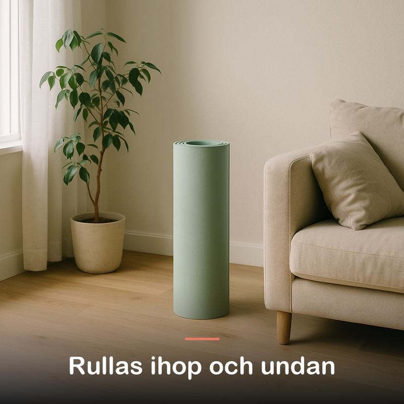 Träningsmattan står ihoprullad i hörnet av vardagsrummet
