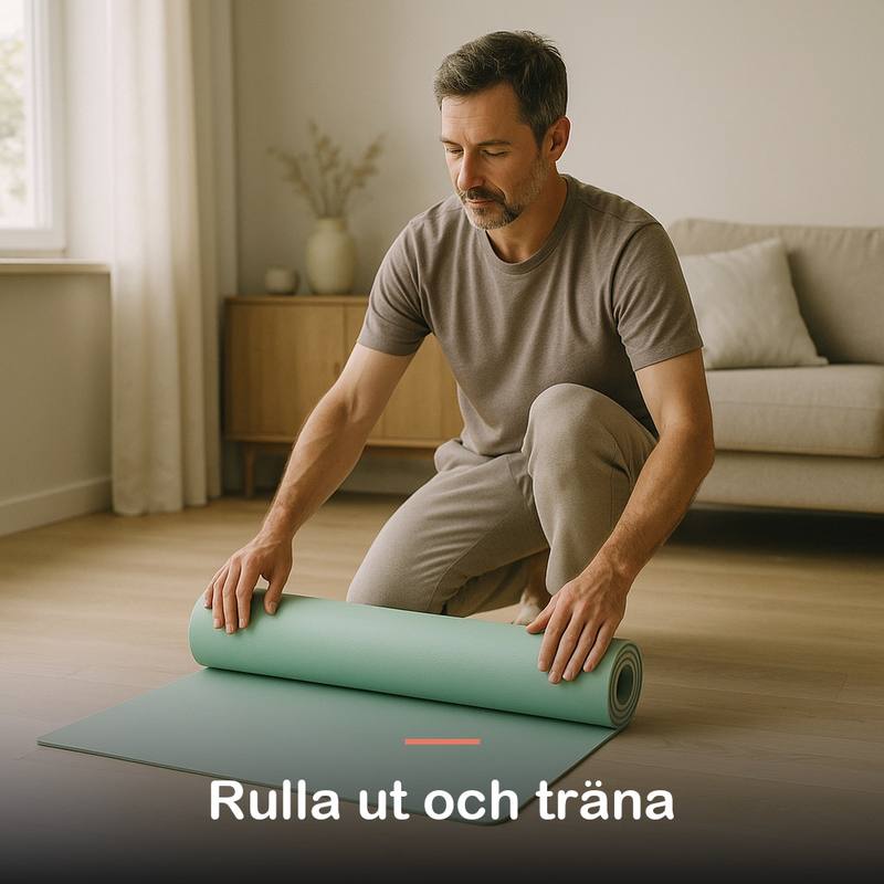 Man rullar ut träningsmattan på golvet