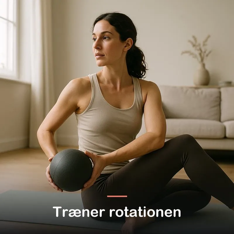 Kvinde sidder p&aring; en m&aring;tte og roterer overkroppen med en medicinbold