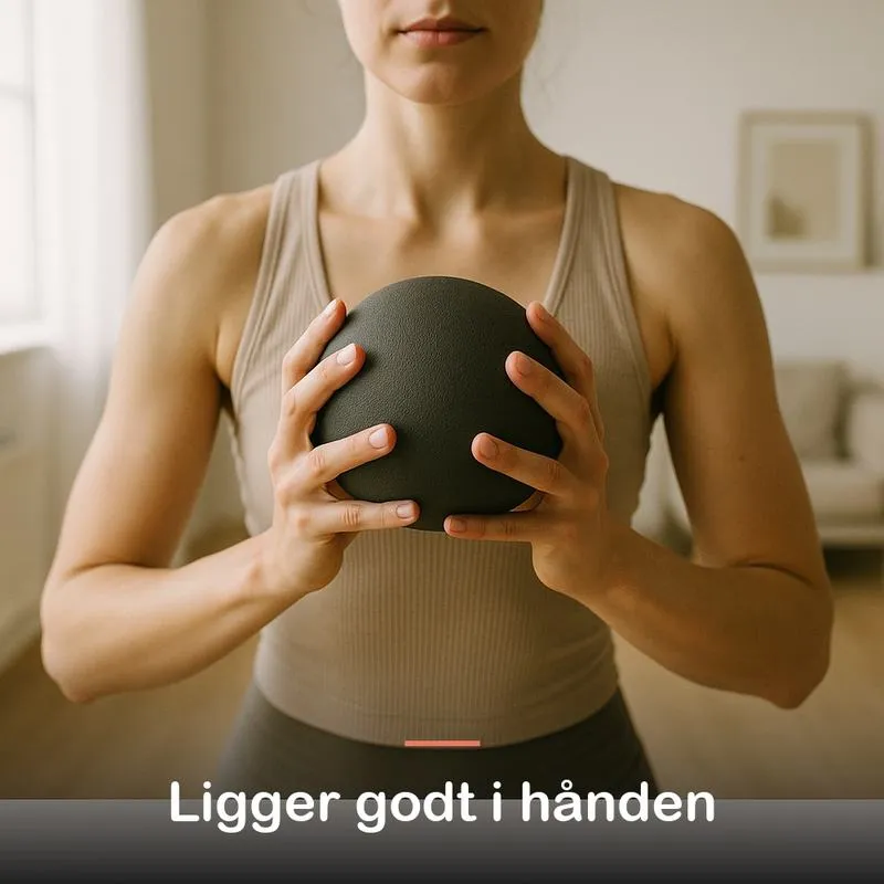 N&aelig;rbillede af to h&aelig;nder, der holder en lille medicinbold i brysth&oslash;jde