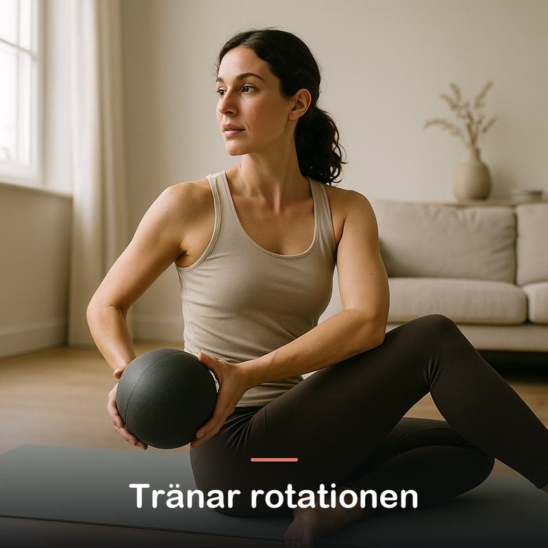 Kvinna sitter på en matta och roterar överkroppen med en medicinboll