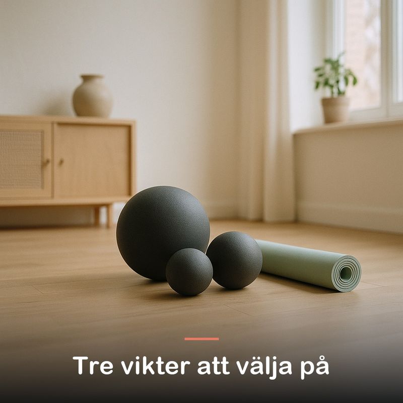 Tre medicinbollar i olika storlekar ligger samlade på golvet
