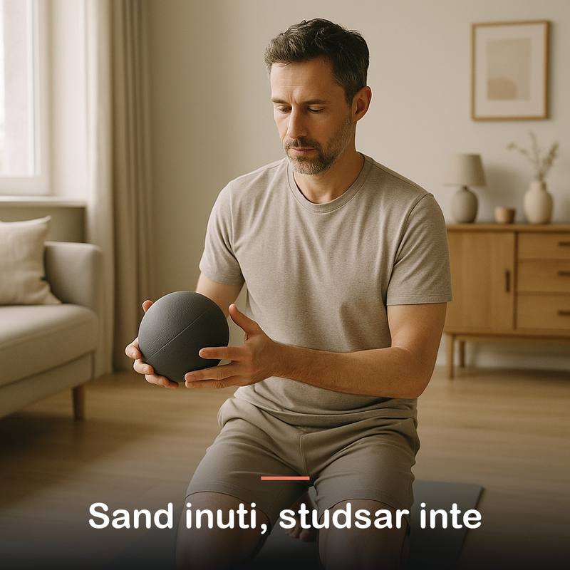 Man flyttar en medicinboll från hand till hand knästående på en matta